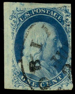 Costs of US Stamps Scott Cat. 8 - 1857 1c Franklin. Daniel Kelleher Auctions, Sep 2013, Sale 639, Lot 3104