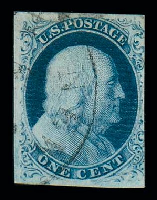 US Stamps Values Scott Catalogue 8 - 1857 1c Franklin. Matthew Bennett International, Dec 2007, Sale 325, Lot 1392