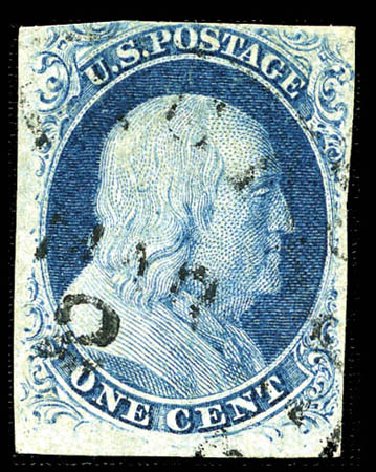US Stamps Value Scott Catalogue # 8 - 1c 1857 Franklin. Matthew Bennett International, Feb 2012, Sale 340, Lot 63