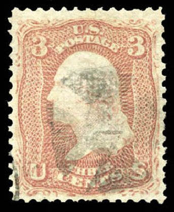 US Stamp Values Scott Cat. #85: 1868 3c Washington Grill. Matthew Bennett International, Mar 2011, Sale 337, Lot 2540