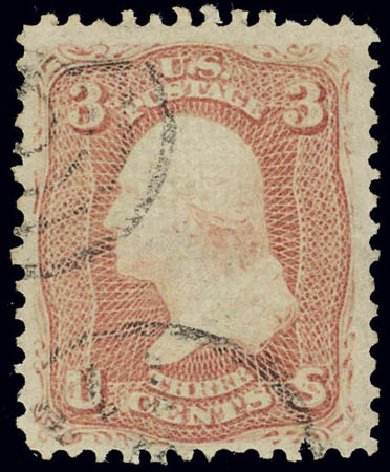 US Stamps Price Scott #85 - 1868 3c Washington Grill. Daniel Kelleher Auctions, Feb 2013, Sale 634, Lot 70