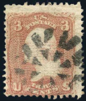US Stamp Value Scott Catalog # 85 - 1868 3c Washington Grill. Harmer-Schau Auction Galleries, May 2013, Sale 97, Lot 331