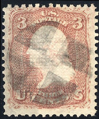 Values of US Stamps Scott Catalog # 85: 1868 3c Washington Grill. Cherrystone Auctions, May 2008, Sale 200805, Lot 124