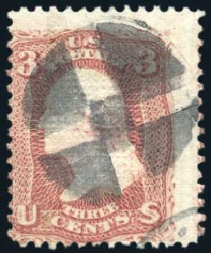 Price of US Stamp Scott Catalogue #85 - 3c 1868 Washington Grill. Harmer-Schau Auction Galleries, Aug 2011, Sale 90, Lot 1225