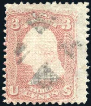 Values of US Stamp Scott Catalogue 85 - 1868 3c Washington Grill. Harmer-Schau Auction Galleries, Oct 2010, Sale 87, Lot 123