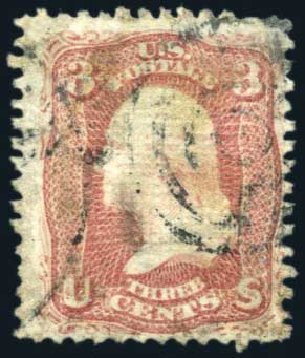 Prices of US Stamp Scott Catalog 85 - 1868 3c Washington Grill. Harmer-Schau Auction Galleries, Aug 2011, Sale 90, Lot 1226