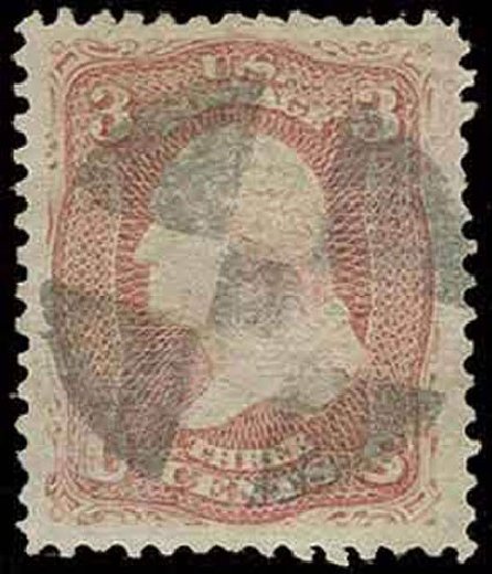 Value of US Stamp Scott Catalog # 85 - 1868 3c Washington Grill. H.R. Harmer, Nov 2013, Sale 3004, Lot 1076