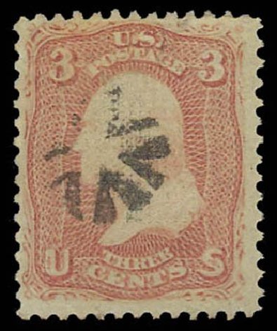 Cost of US Stamp Scott Catalog 85: 1868 3c Washington Grill. Daniel Kelleher Auctions, Oct 2011, Sale 626, Lot 106
