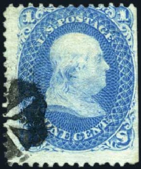 US Stamps Price Scott Cat. # 86: 1867 1c Franklin Grill. Harmer-Schau Auction Galleries, Oct 2009, Sale 83, Lot 344