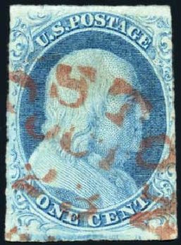 US Stamps Values Scott Cat. #8A: 1c 1851 Franklin. Harmer-Schau Auction Galleries, Feb 2010, Sale 84, Lot 1251