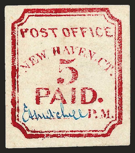 US Stamp Price Scott Catalogue 8XU1: 5c 1845 New Haven Postmasters Provisional. Robert Siegel Auction Galleries, Dec 2008, Sale 964, Lot 37