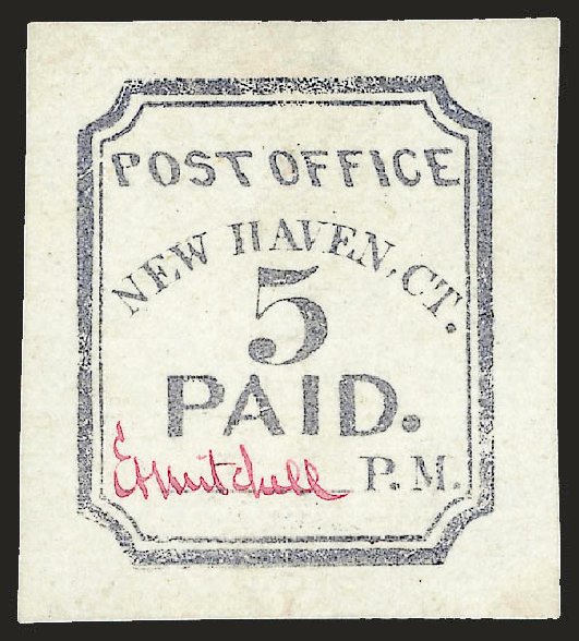 US Stamp Value Scott Catalogue #8XU1 - 1845 5c New Haven Postmasters Provisional. Robert Siegel Auction Galleries, Dec 2008, Sale 964, Lot 7