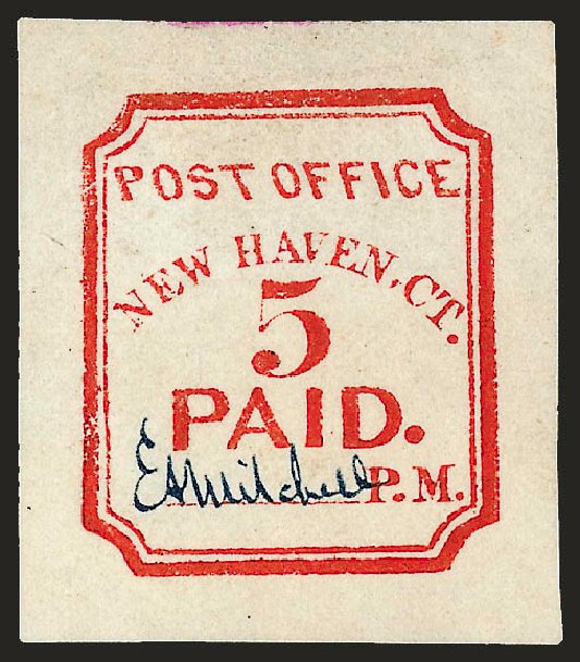 US Stamps Prices Scott 8XU1: 1845 5c New Haven Postmasters Provisional. Robert Siegel Auction Galleries, Dec 2008, Sale 964, Lot 18
