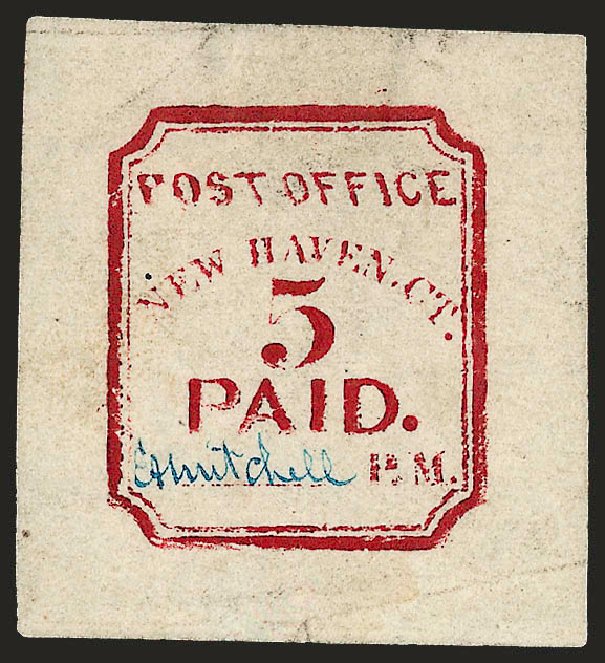 US Stamps Value Scott # 8XU1: 5c 1845 New Haven Postmasters Provisional. Robert Siegel Auction Galleries, Dec 2008, Sale 964, Lot 39