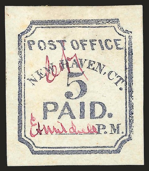 US Stamp Prices Scott #8XU1 - 1845 5c New Haven Postmasters Provisional. Robert Siegel Auction Galleries, Dec 2008, Sale 964, Lot 9
