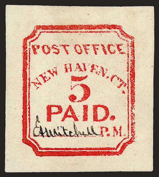 Value of US Stamp Scott Catalogue #8XU1 - 1845 5c New Haven Postmasters Provisional. Robert Siegel Auction Galleries, Dec 2008, Sale 964, Lot 20