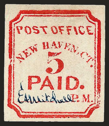 Costs of US Stamps Scott Catalog 8XU1: 1845 5c New Haven Postmasters Provisional. Robert Siegel Auction Galleries, Dec 2008, Sale 964, Lot 21