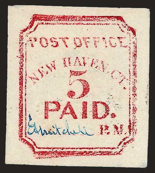 US Stamps Values Scott Catalogue 8XU1: 1845 5c New Haven Postmasters Provisional. Robert Siegel Auction Galleries, Dec 2008, Sale 964, Lot 31