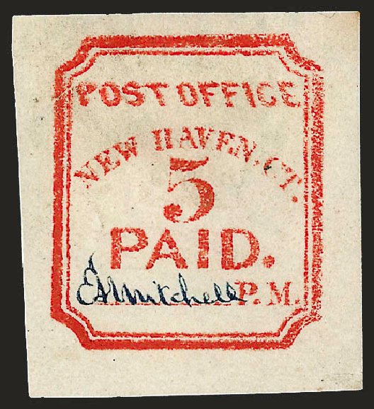 Value of US Stamps Scott Catalogue 8XU1: 5c 1845 New Haven Postmasters Provisional. Robert Siegel Auction Galleries, Dec 2008, Sale 964, Lot 24