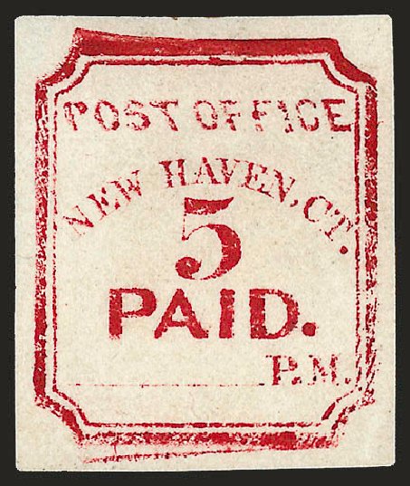 Prices of US Stamp Scott Catalogue 8XU1 - 5c 1845 New Haven Postmasters Provisional. Robert Siegel Auction Galleries, Dec 2008, Sale 964, Lot 44