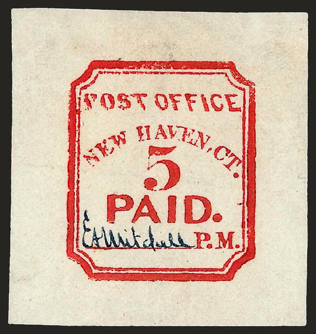 US Stamps Price Scott Catalogue 8XU1: 5c 1845 New Haven Postmasters Provisional. Robert Siegel Auction Galleries, Dec 2008, Sale 964, Lot 22