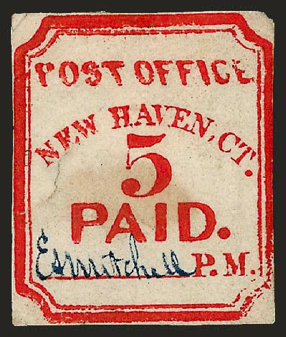 US Stamps Values Scott #8XU1: 5c 1845 New Haven Postmasters Provisional. Robert Siegel Auction Galleries, Dec 2008, Sale 964, Lot 26