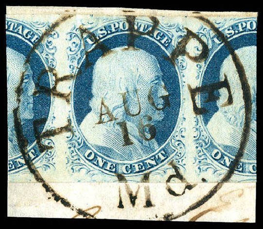 US Stamp Value Scott Catalogue # 9 - 1c 1852 Franklin. Matthew Bennett International, Dec 2008, Sale 330, Lot 1357