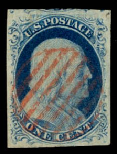 Cost of US Stamps Scott Catalogue 9: 1c 1852 Franklin. Daniel Kelleher Auctions, May 2014, Sale 652, Lot 60