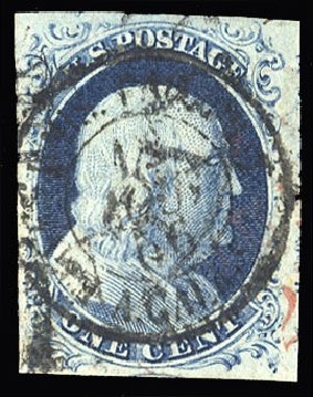 US Stamps Values Scott Cat. # 9: 1852 1c Franklin. Cherrystone Auctions, Jan 2015, Sale 201501, Lot 54