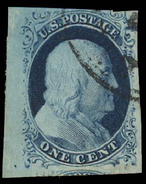 US Stamp Values Scott Catalog 9: 1c 1852 Franklin. Daniel Kelleher Auctions, Apr 2012, Sale 629, Lot 154