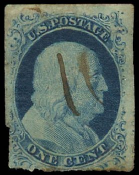 US Stamps Values Scott Cat. 9 - 1852 1c Franklin. Daniel Kelleher Auctions, Jul 2011, Sale 625, Lot 645