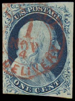US Stamps Value Scott Catalog # 9: 1852 1c Franklin. Daniel Kelleher Auctions, Jul 2011, Sale 625, Lot 652