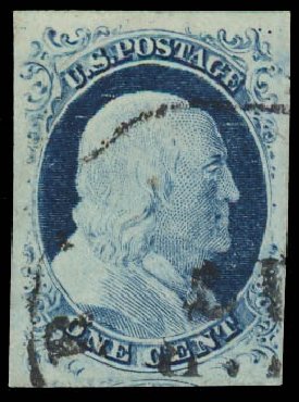 US Stamps Value Scott Catalog #9 - 1c 1852 Franklin. Daniel Kelleher Auctions, Jan 2012, Sale 628, Lot 213