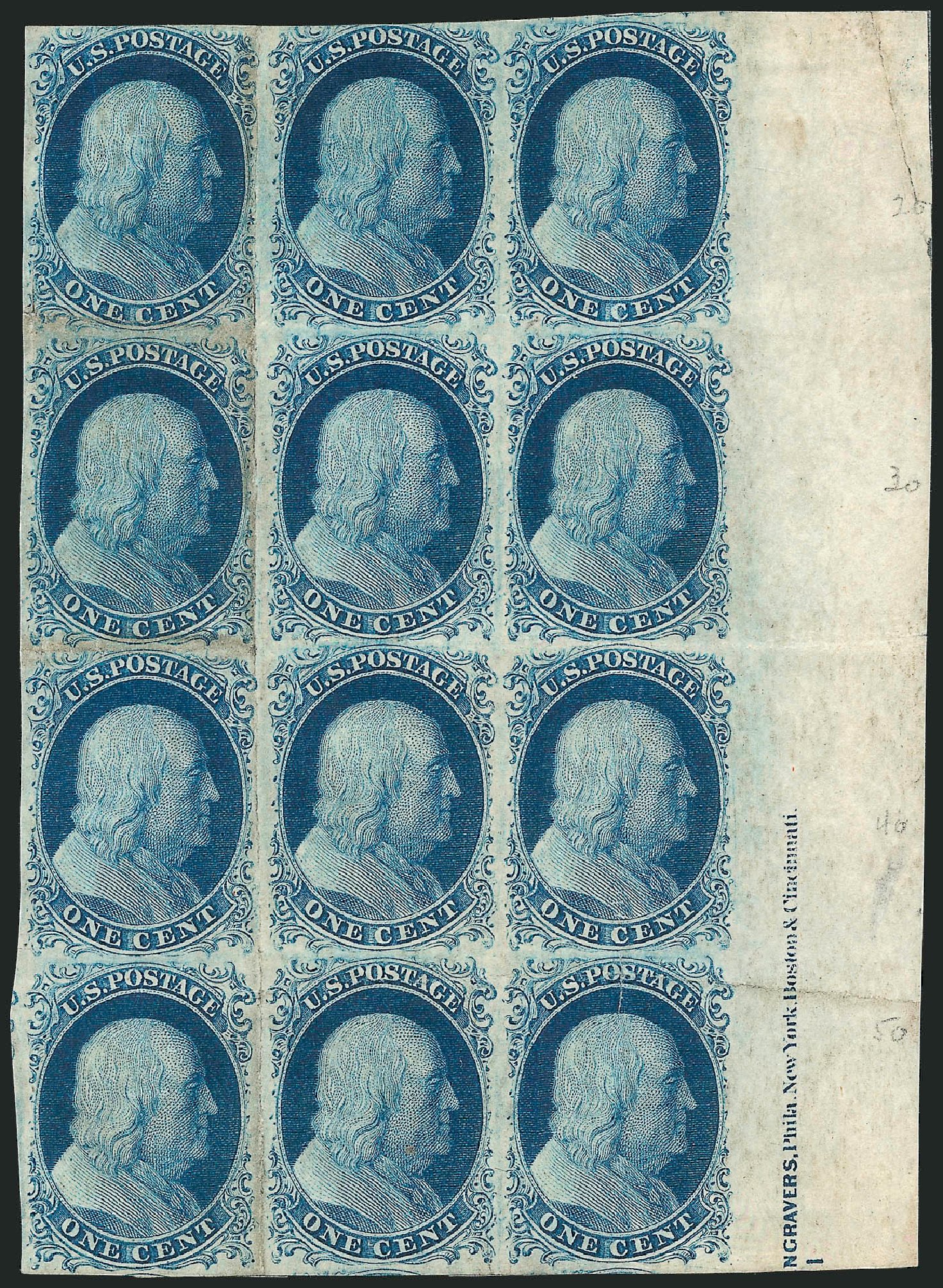 US Stamps Value Scott Catalog 9 - 1852 1c Franklin. Robert Siegel Auction Galleries, Mar 2012, Sale 1021, Lot 126