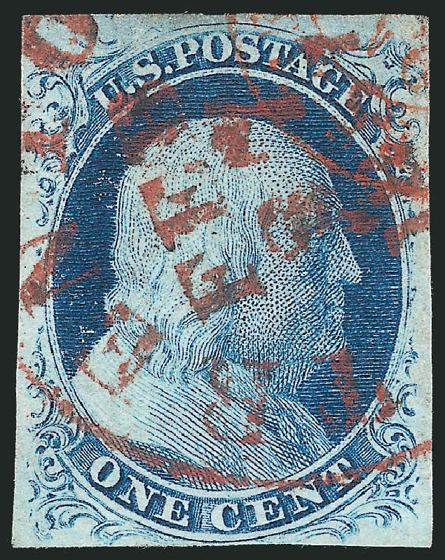 US Stamp Values Scott Cat. # 9 - 1c 1852 Franklin. Robert Siegel Auction Galleries, Dec 2010, Sale 998, Lot 186