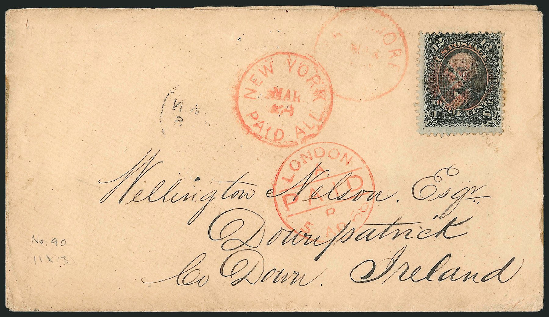 US Stamps Price Scott 90: 12c 1868 Washington Grill. Robert Siegel Auction Galleries, Sep 2010, Sale 993, Lot 500