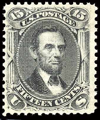 US Stamp Values Scott #91 - 1868 15c Lincoln Grill. Cherrystone Auctions, Feb 2011, Sale 201102, Lot 31