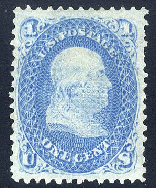 US Stamp Value Scott Catalog 92: 1868 1c Franklin Grill. Cherrystone Auctions, Jan 2009, Sale 200901, Lot 109