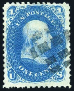 US Stamps Value Scott Catalogue # 92 - 1868 1c Franklin Grill. Harmer-Schau Auction Galleries, Jun 2008, Sale 78, Lot 1336
