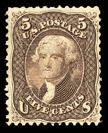 US Stamps Value Scott Cat. 95: 1868 5c Jefferson Grill. Cherrystone Auctions, Sep 2010, Sale 201009, Lot 37