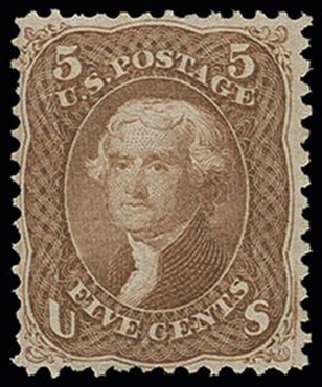 Values of US Stamps Scott Catalogue #95: 5c 1868 Jefferson Grill. H.R. Harmer, Jun 2013, Sale 3003, Lot 1097