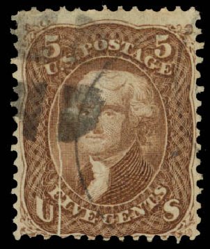 US Stamp Values Scott Catalogue 95 - 1868 5c Jefferson Grill. Daniel Kelleher Auctions, Oct 2014, Sale 660, Lot 2117