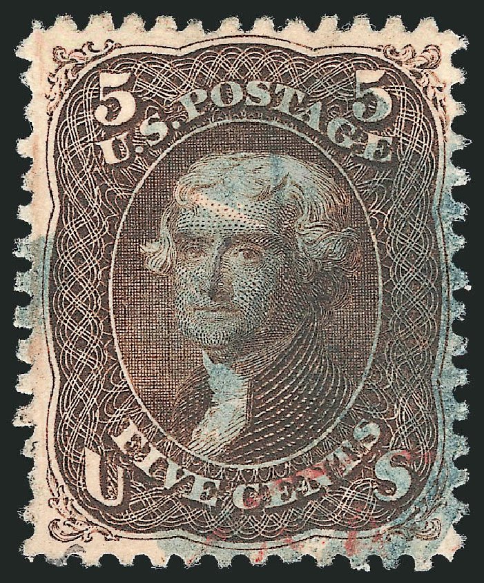 US Stamp Values Scott Catalogue 95: 5c 1868 Jefferson Grill. Robert Siegel Auction Galleries, Mar 2013, Sale 1040, Lot 1337