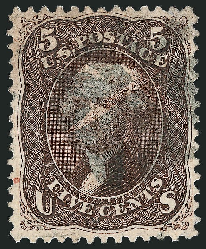 US Stamps Value Scott Catalogue # 95: 1868 5c Jefferson Grill. Robert Siegel Auction Galleries, Oct 2008, Sale 963, Lot 597