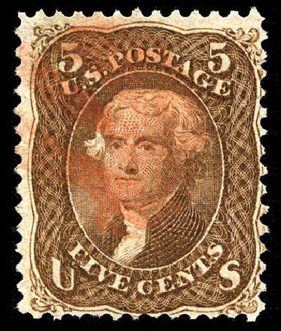 US Stamp Values Scott Catalogue # 95 - 5c 1868 Jefferson Grill. Matthew Bennett International, Mar 2012, Sale 344, Lot 4298