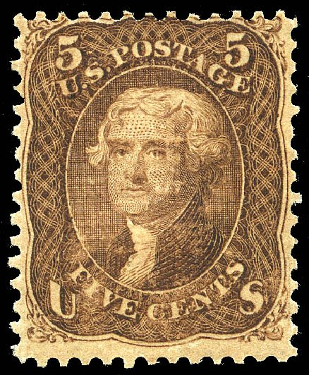 Price of US Stamps Scott Catalog 95: 1868 5c Jefferson Grill. Matthew Bennett International, May 2014, Sale 350, Lot 168