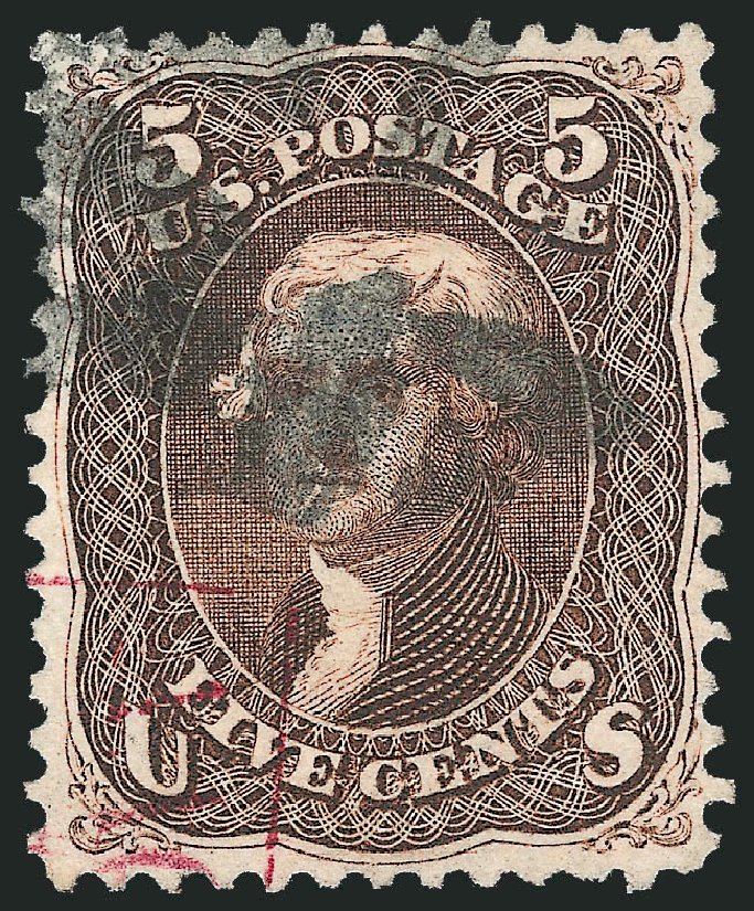Values of US Stamp Scott Catalog 95: 1868 5c Jefferson Grill. Robert Siegel Auction Galleries, Oct 2010, Sale 997, Lot 5398