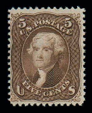Values of US Stamp Scott Catalogue 95 - 1868 5c Jefferson Grill. Matthew Bennett International, Dec 2007, Sale 324, Lot 1079