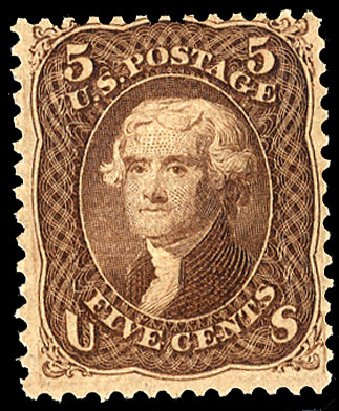US Stamp Values Scott # 95: 1868 5c Jefferson Grill. Cherrystone Auctions, Jun 2009, Sale 200906, Lot 49