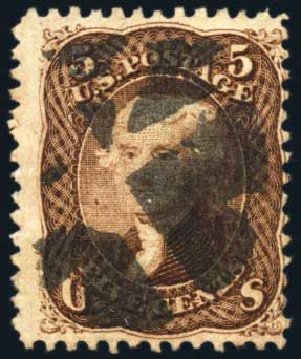 US Stamp Values Scott Cat. #95: 5c 1868 Jefferson Grill. Harmer-Schau Auction Galleries, Jul 2010, Sale 86, Lot 379